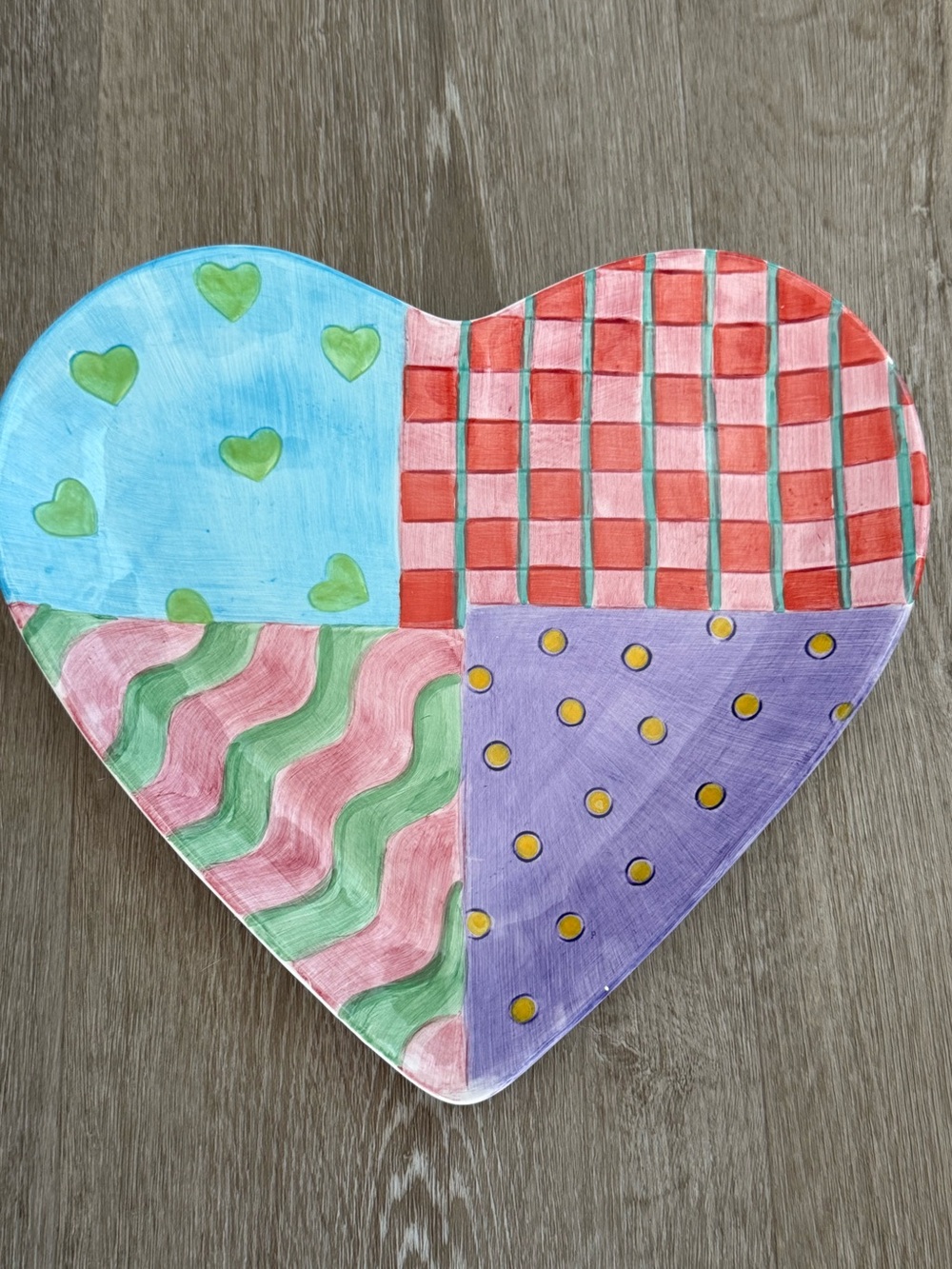 Vintage 1998 Colorful Multi Pattern Heart Shaped Ceramic Serving Dish Lotus